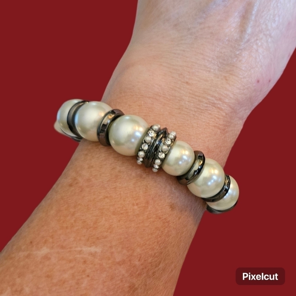 Vtg Chunky Gunmetal Glass Pearl Beaded Stretch Bracelet